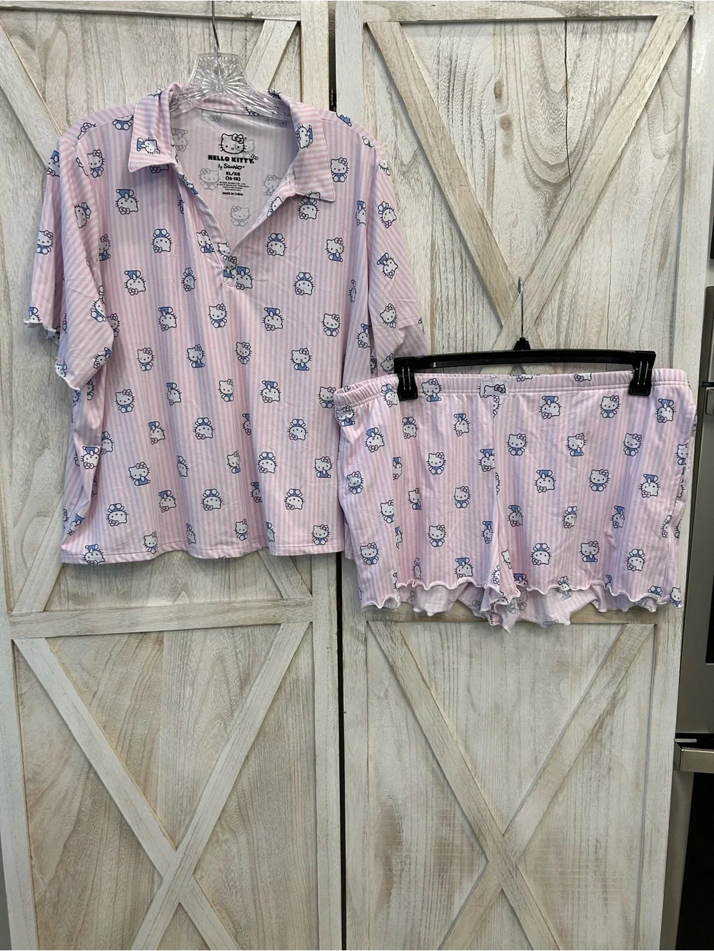 Hello Kitty Pale Pink Striped Short Pajama Set with Character Print